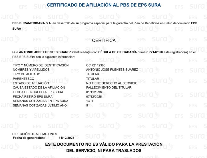 Paciente oncológico cotizante de Sura fue notificado de su muerte en el sistema de salud y perdió su cita médica