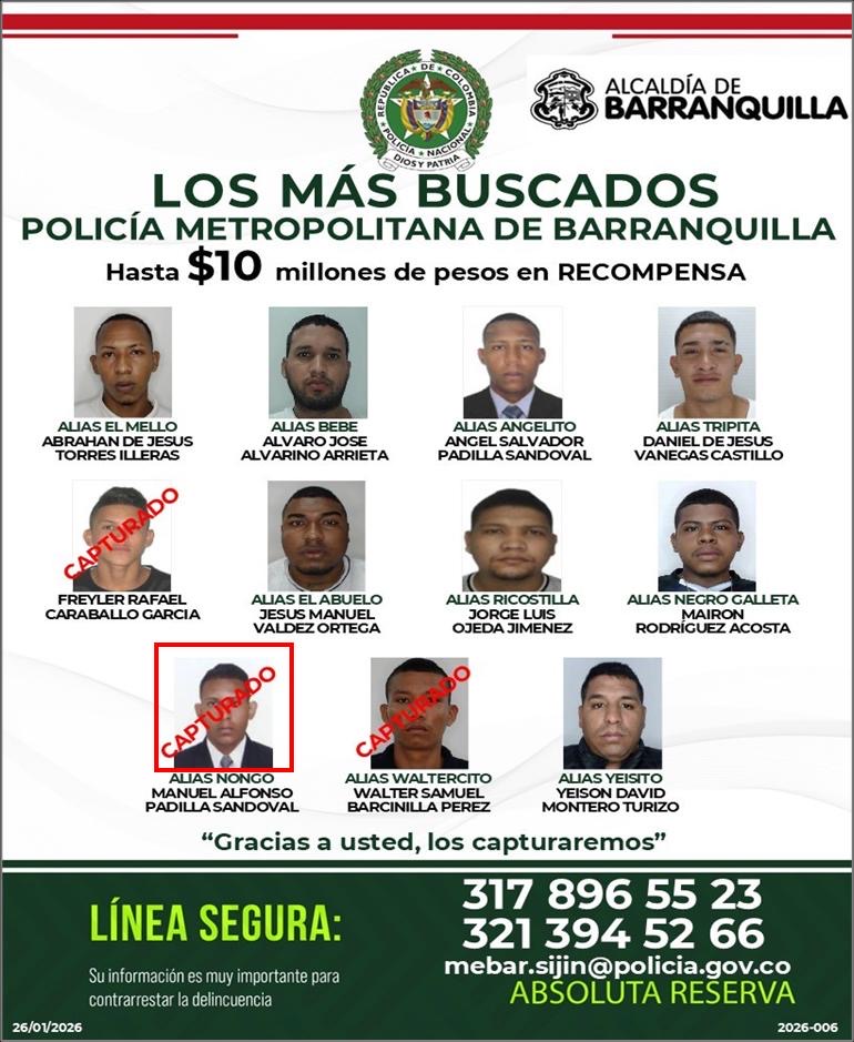 Capturados tres presuntos integrantes del cartel de los más buscados en Barranquilla y su área metropolitana