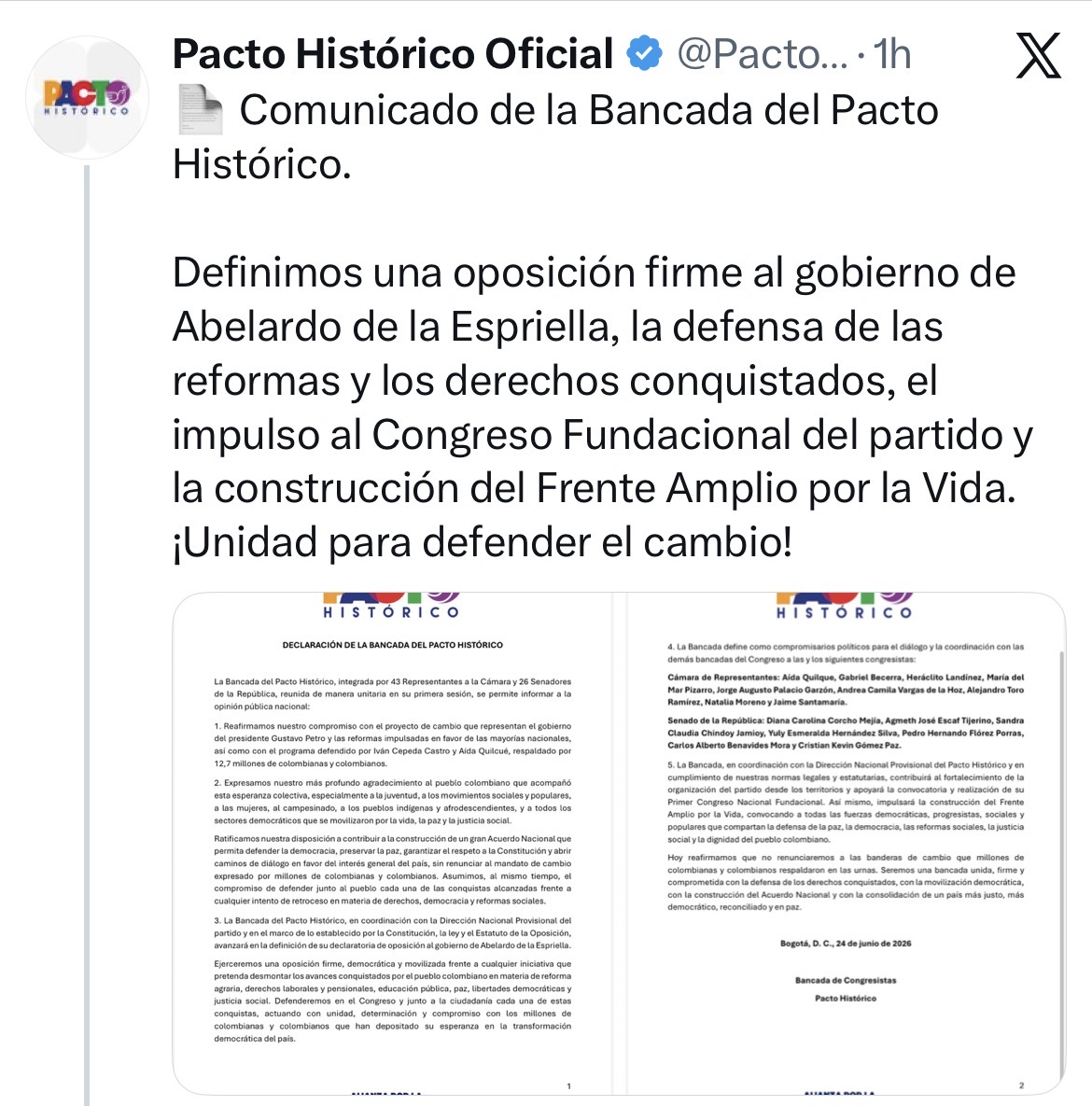 Pacto Histórico anuncia oposición al gobierno de De la Espriella y ratifica defensa de reformas