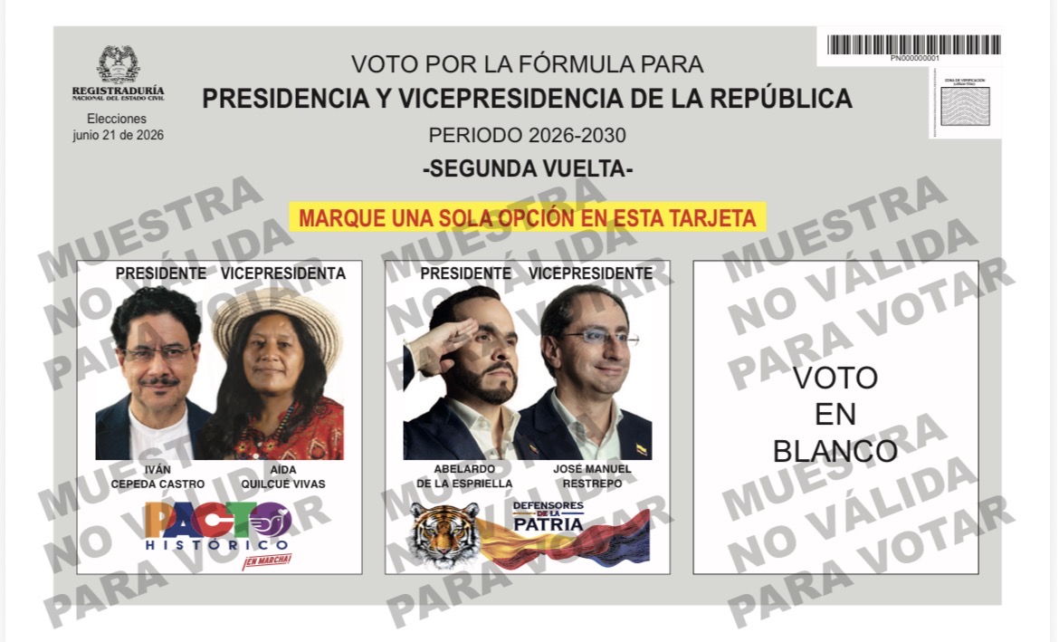 Registraduría presenta la tarjeta electoral para la segunda vuelta presidencial del 21 de junio