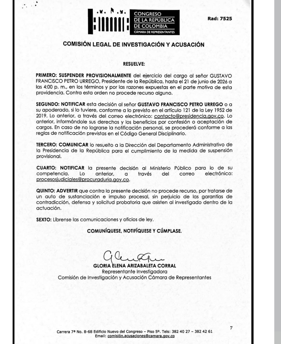 Presidenta de Comisión de Acusación pide suspender a Petro del cargo