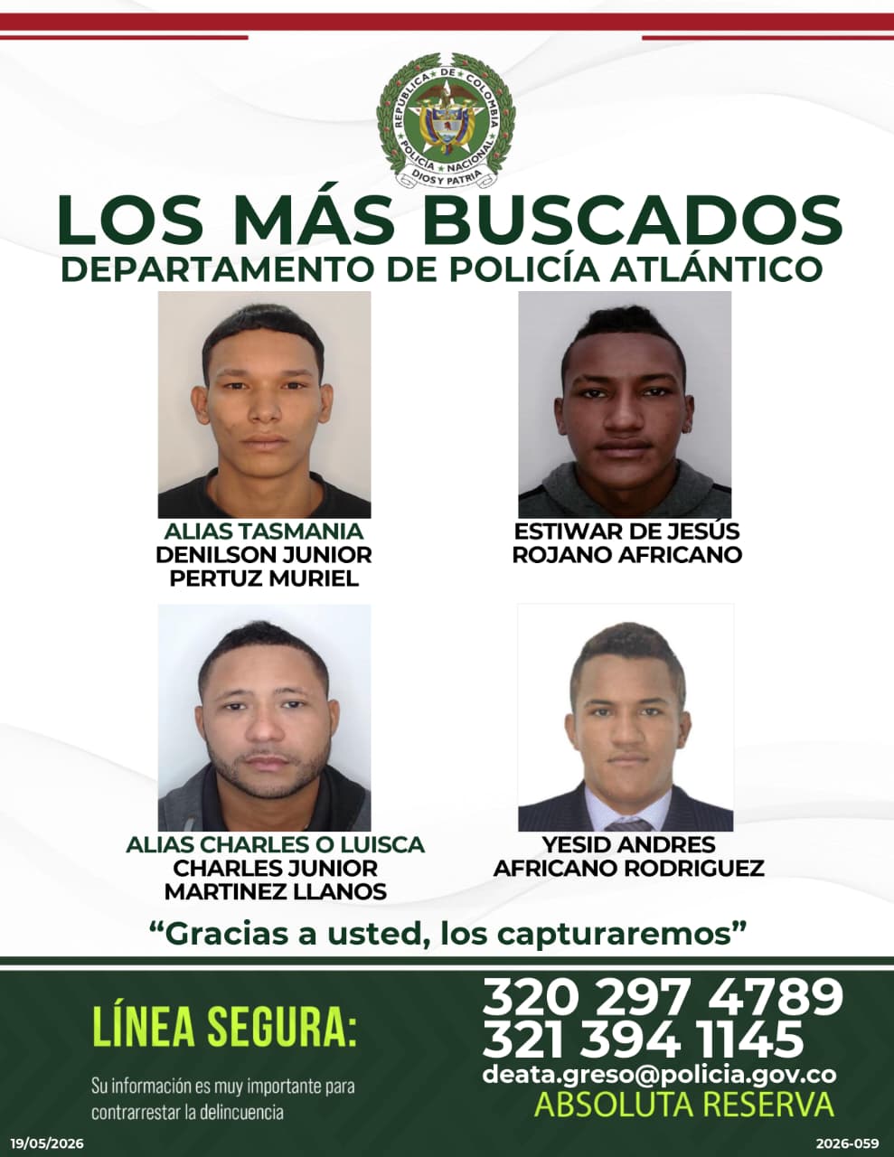 Policía revela cartel de los más buscados en el Atlántico y ofrece canales para recibir información