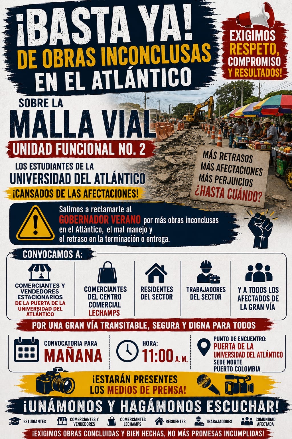 Estudiantes y comerciantes convocan protesta por retrasos en obras de la Gran Vía frente a la Universidad del Atlántico