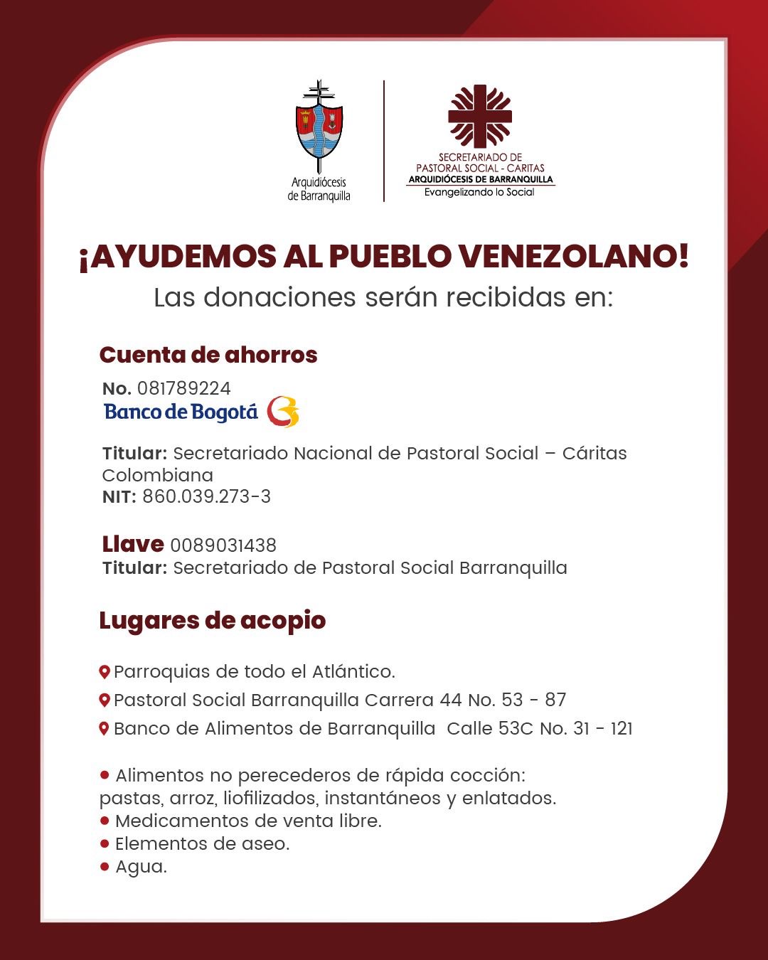 Arquidiócesis de Barranquilla habilita campaña de donaciones para apoyar a los afectados por los terremotos en Venezuela