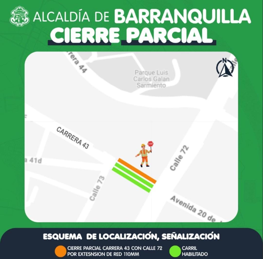 Cierre parcial en la calle 72 con carrera 43 por obras de acueducto
