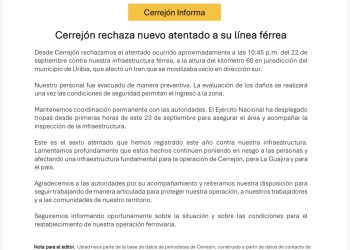 Cerrejón denuncia nuevo atentado contra su línea férrea en La Guajira