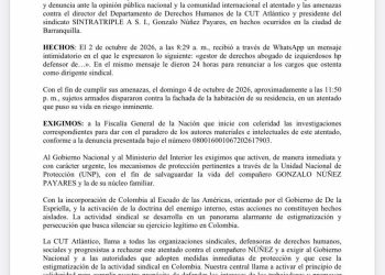 CUT Atlántico denuncia atentado contra dirigente sindical Gonzalo Núñez Payares en Barranquilla